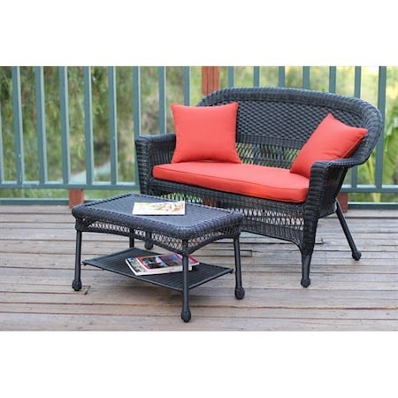 Jeco Jeco W00207-LCS018 Black Wicker Patio Love Seat And Coffee Table Set With Red Orange Cushion W00207-LCS018
